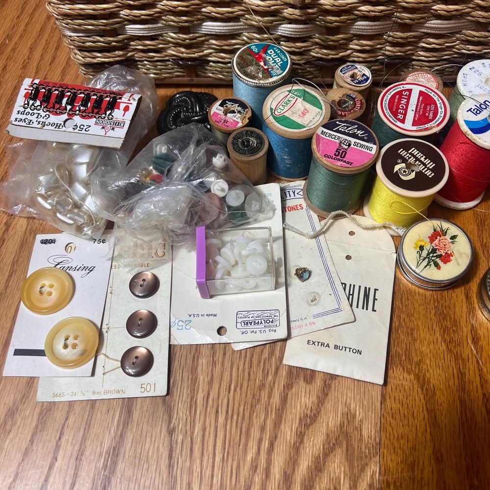 VTG Sewing Notions Lot with Antique Thread Spools, Buttons, Snaps & NO Basket - Picture 3 of 8